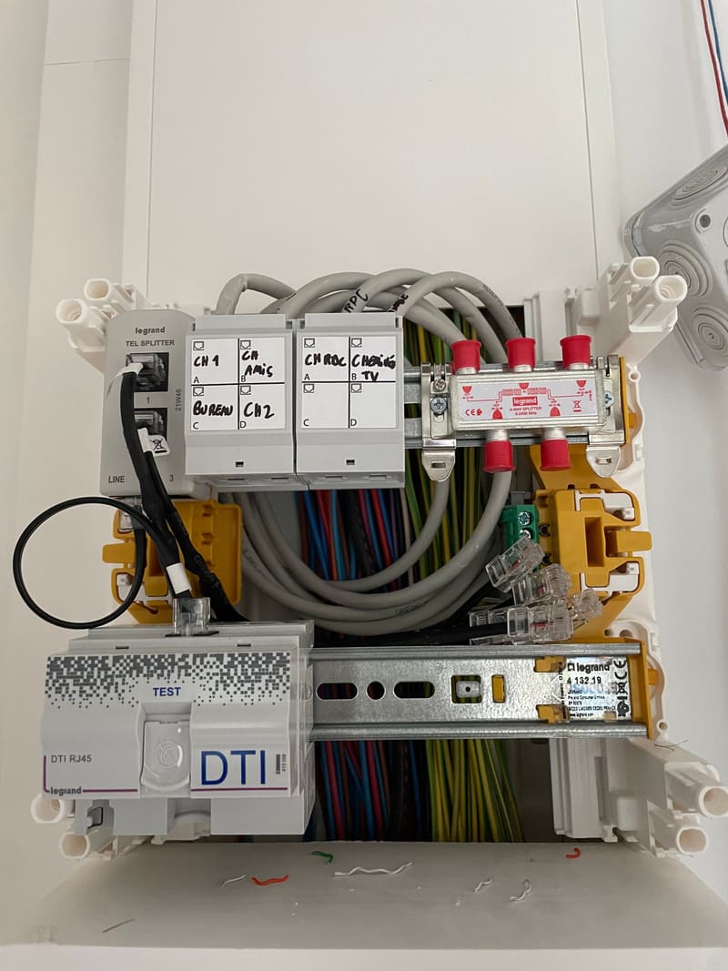 Coffret de communication avec répartiteur RJ45 et prises repérées